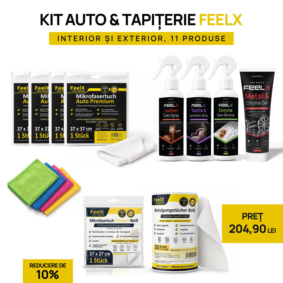 Kit auto & tapițerie FeelX – interior și exterior, 11 produse