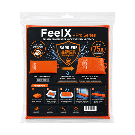 Ambalajul sacului antiinundație FeelX Pro Series, reutilizabil și activat cu apă