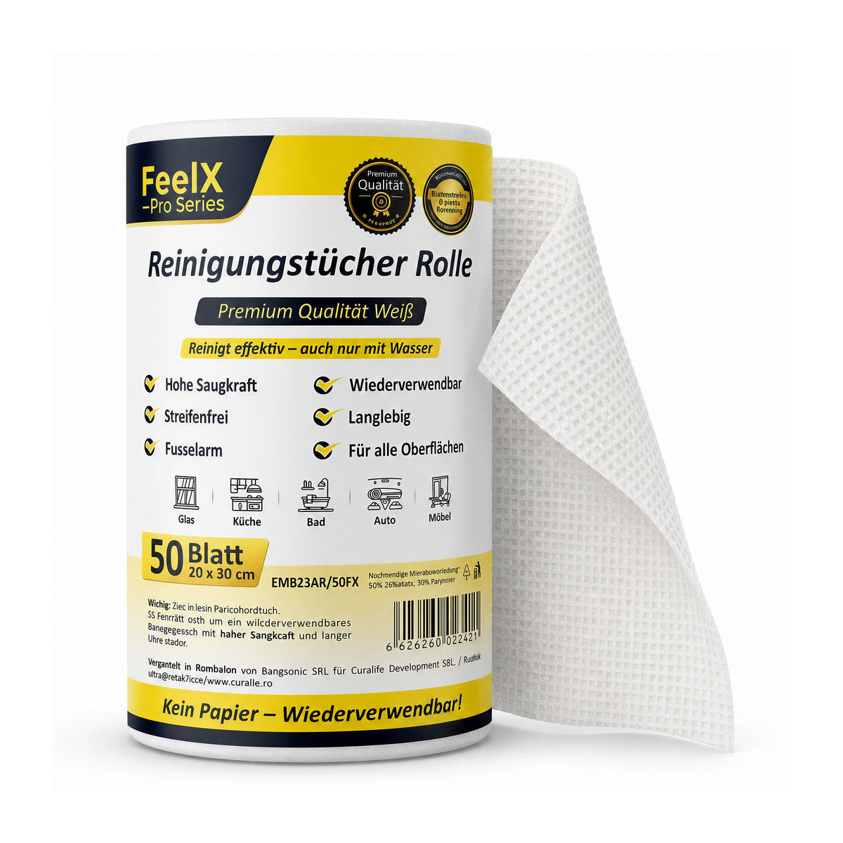 Rolă 50 lavete reutilizabile FeelX Pro Series – 20x30 cm