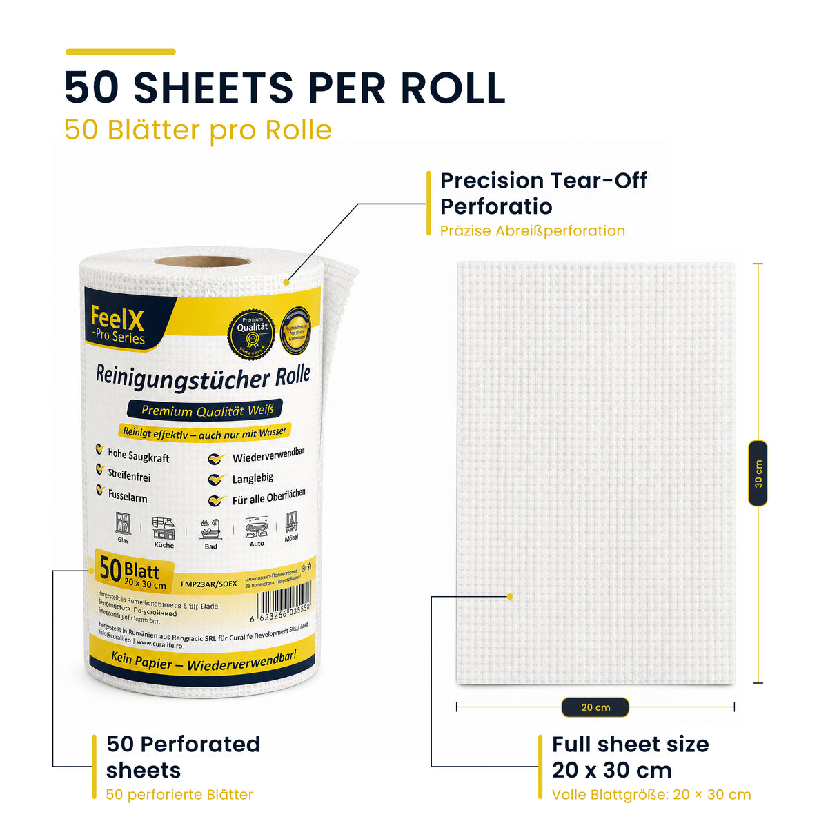 Rolă 50 lavete reutilizabile FeelX Pro Series – 20x30 cm
