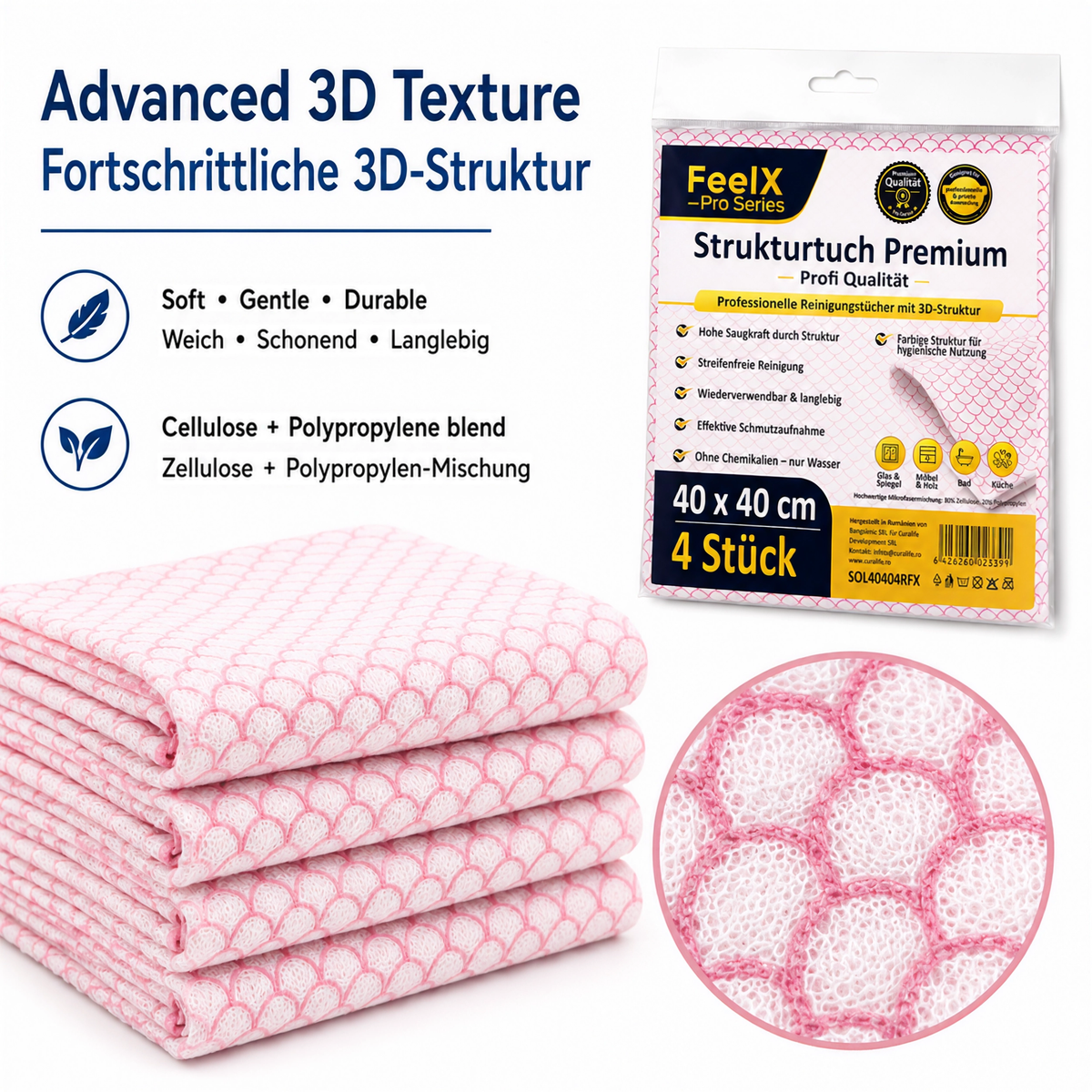 Lavete FeelX Mobilă & Lemn – roz – 4 bucăți 40x40 cm