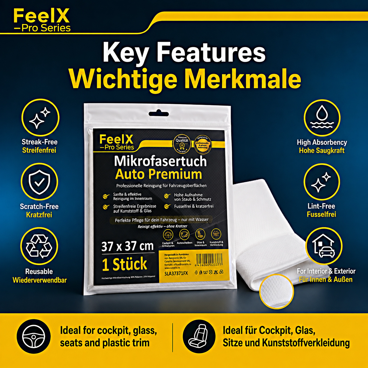 Lavetă microfibră FeelX Auto – 37x37 cm