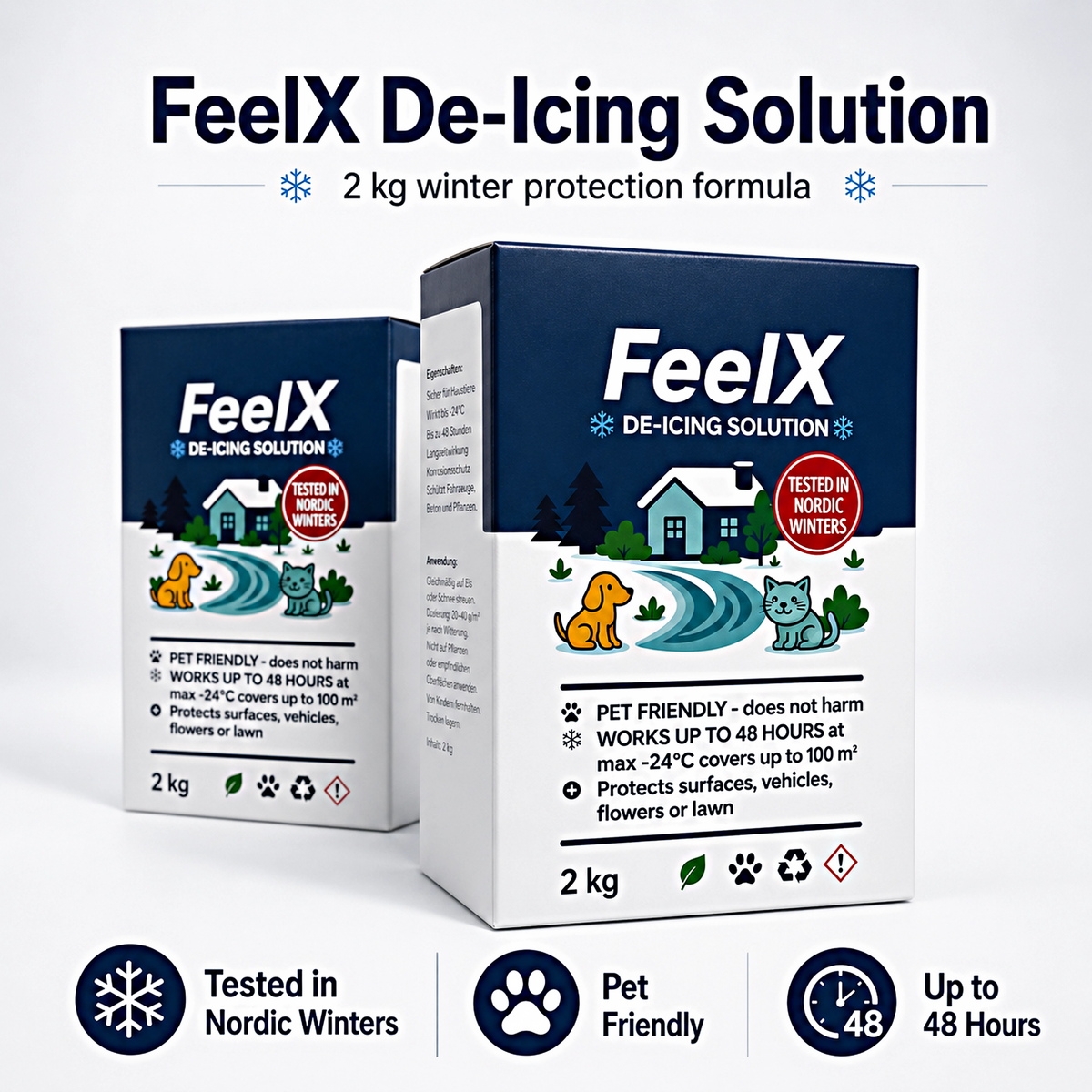 Două cutii FeelX granule de dezgheț de 2 kg, formulă de protecție pentru iarnă