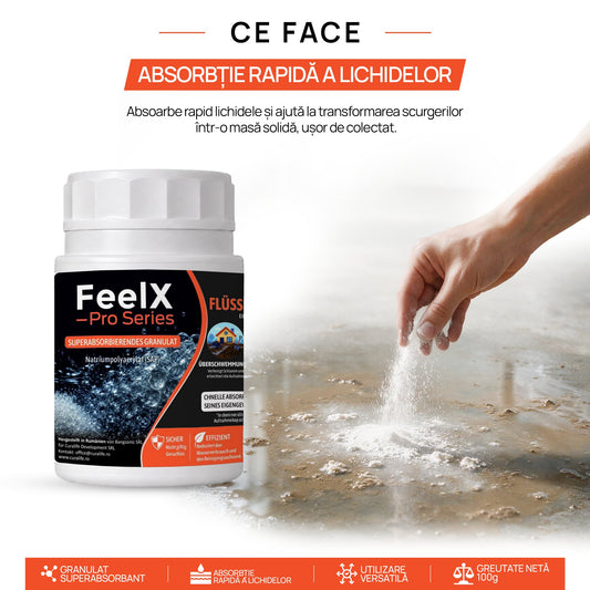 Granule FeelX turnate peste un lichid vărsat pe pardoseală, absorbție rapidă și transformare în masă solidă