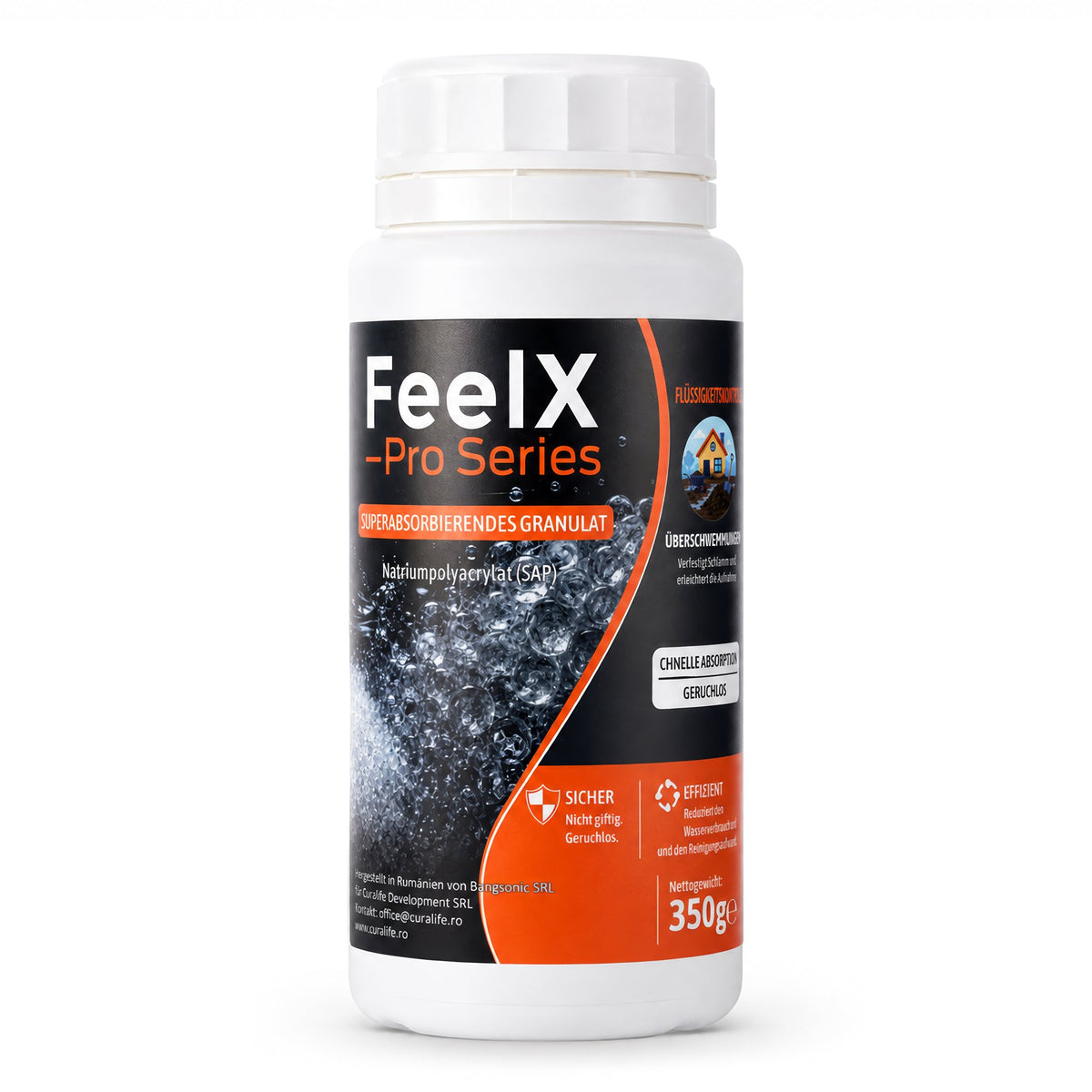 Flacon FeelX cu granule absorbante 350 g, vedere frontală a ambalajului