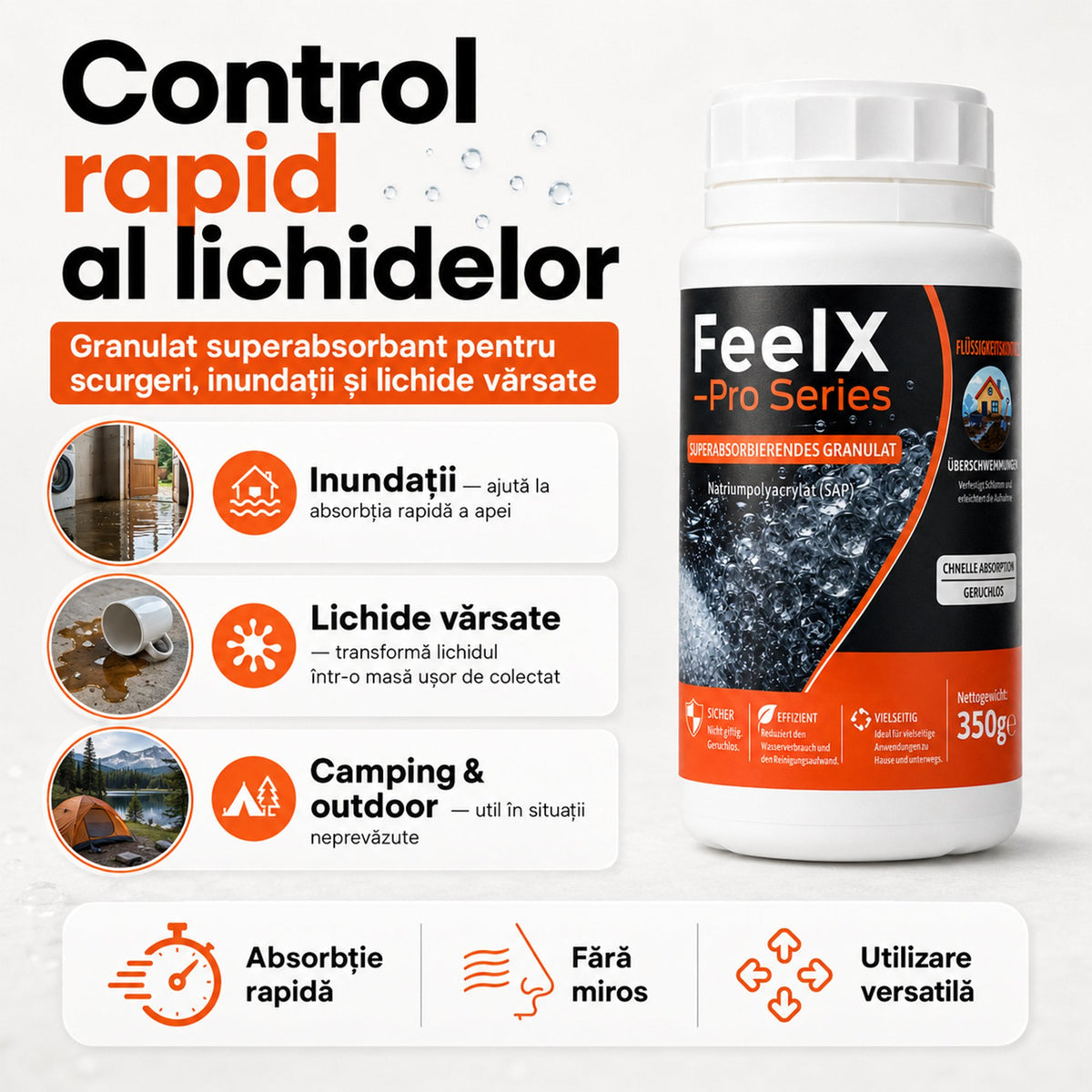 Granule FeelX pentru control rapid al lichidelor: inundații, lichide vărsate, camping și outdoor