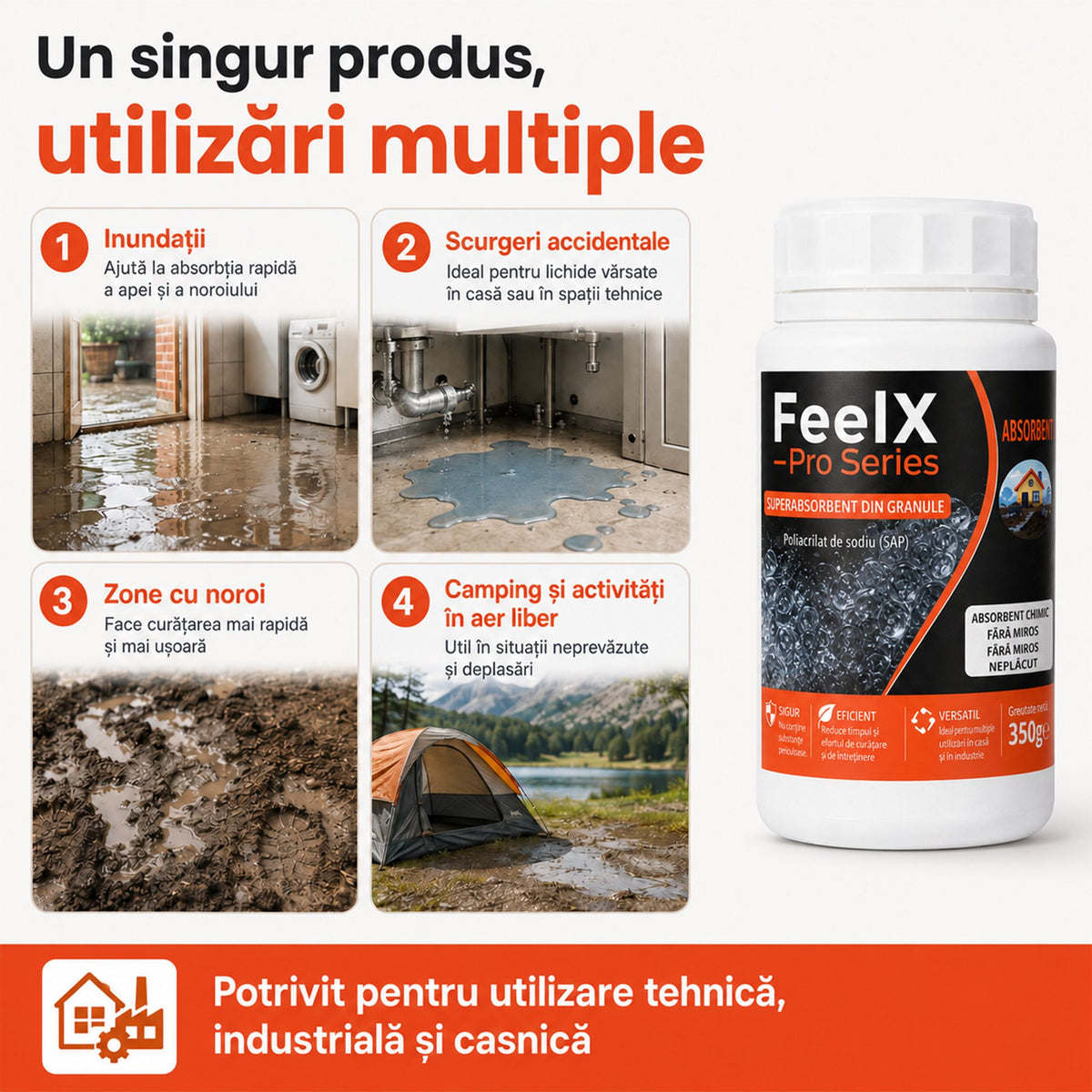 Utilizări multiple pentru granulele FeelX: inundații, scurgeri accidentale, zone cu noroi și camping
