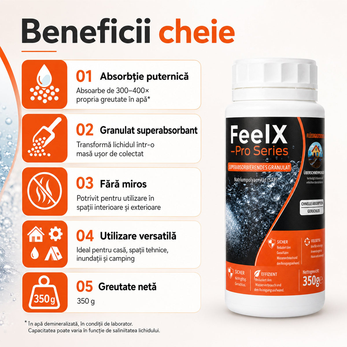 Beneficiile granulelor FeelX 350 g: absorbție de 300-400 de ori propria greutate, fără miros, utilizare versatilă