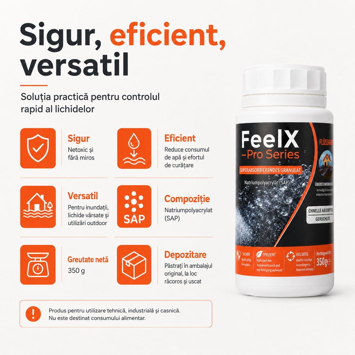 Granule FeelX 350 g: sigur, eficient, versatil, compoziție poliacrilat de sodiu (SAP), depozitare la loc răcoros și uscat
