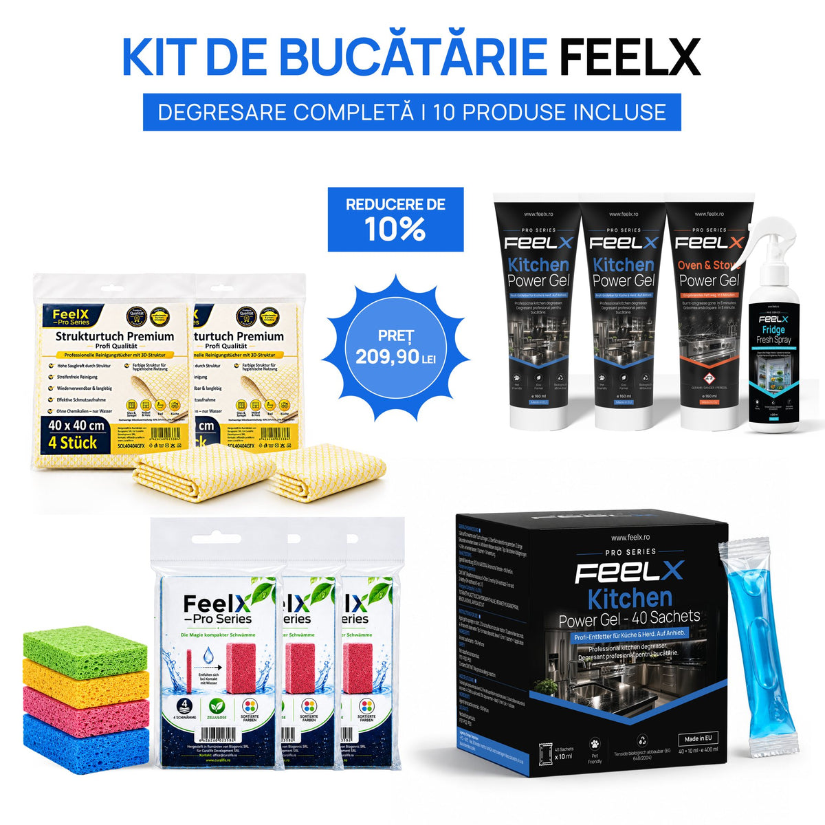 Produsele din kitul de bucătărie FeelX desfășurate: gel bucătărie, gel cuptor și aragaz, spray frigider, cutie de plicuri, lavete și bureți colorați