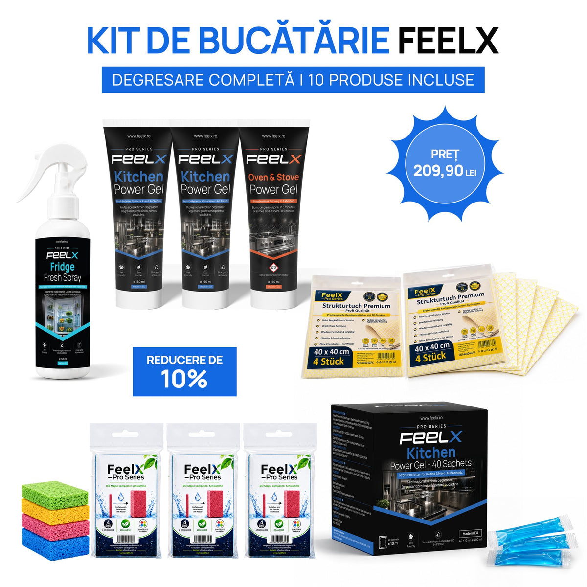 Kitul de bucătărie FeelX cu 10 produse pentru degresare completă: geluri, plicuri, lavete structurate și bureți