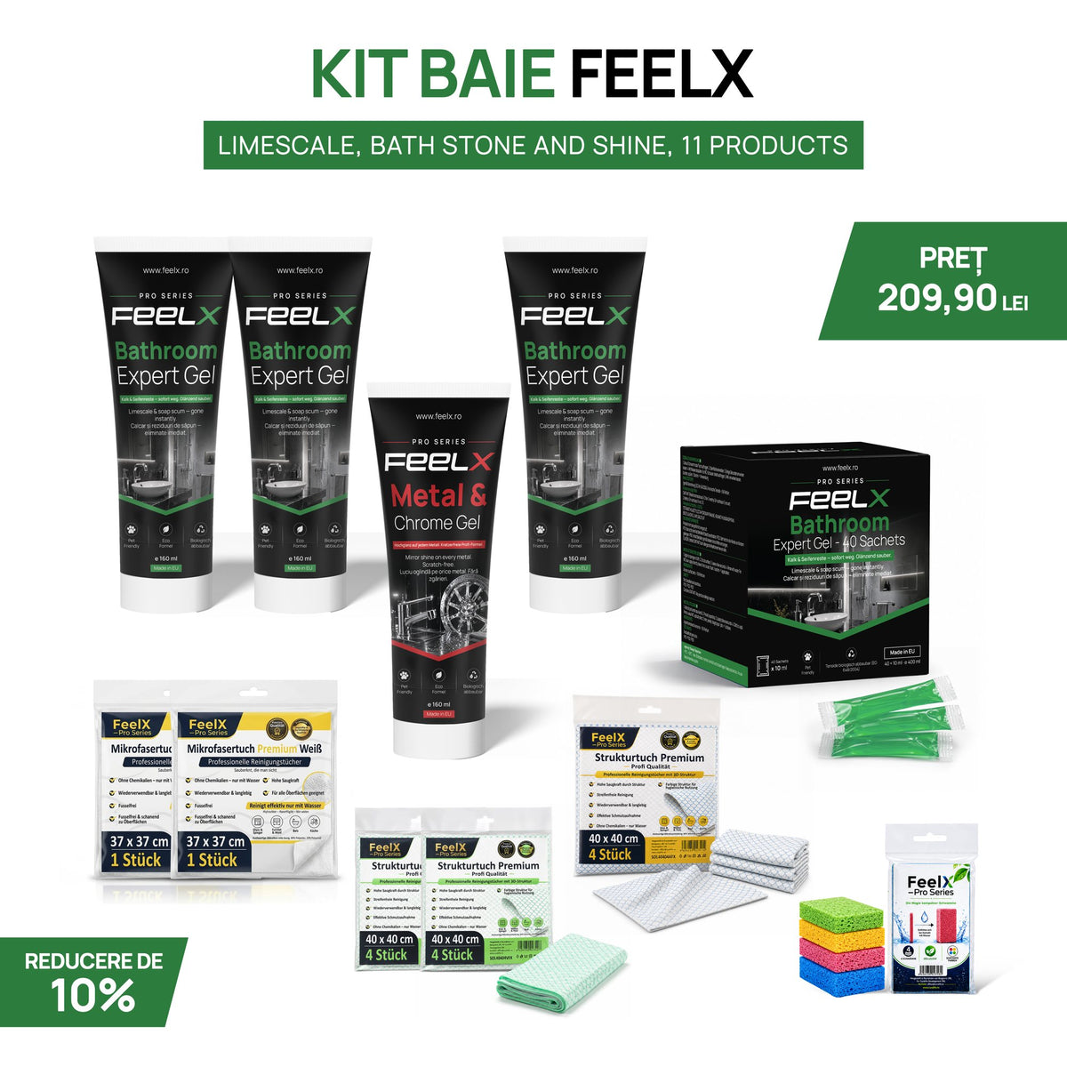 Produsele din kitul de baie FeelX desfășurate: tuburi de gel, cutie de plicuri, lavete structurate și lavete din microfibră