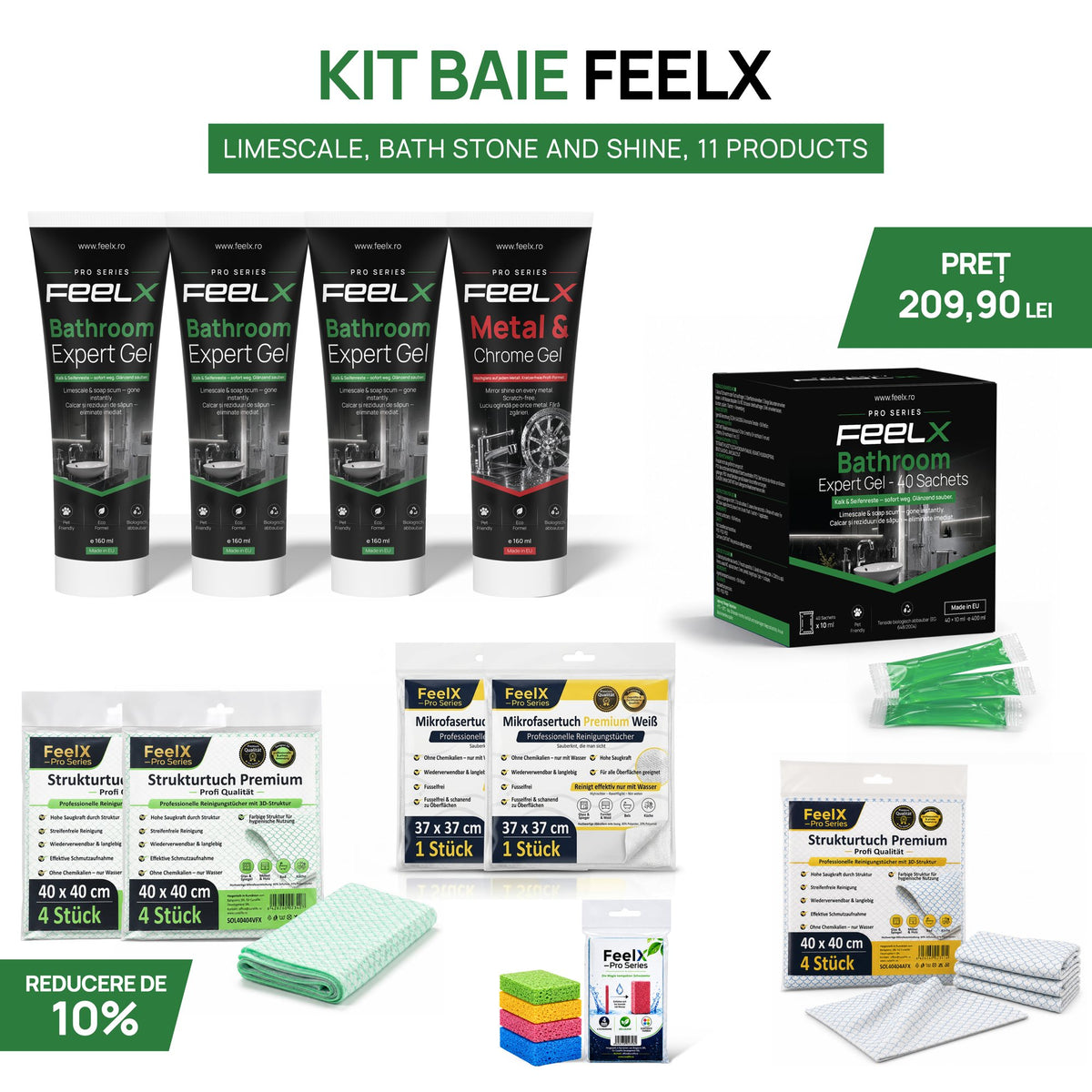 Kitul de baie FeelX cu 11 produse împotriva calcarului: gel de baie, gel metal și crom, plicuri, lavete și superlavetă albă