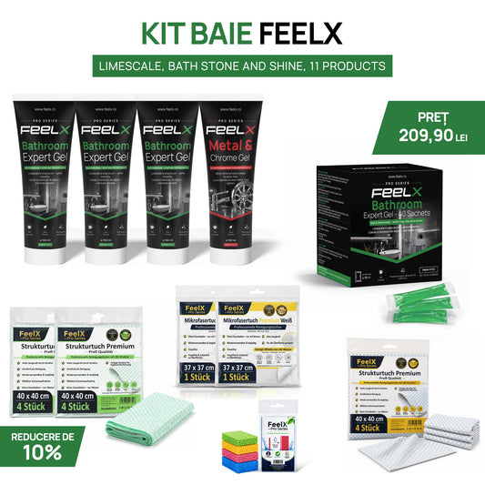 Kitul de baie FeelX cu 11 produse împotriva calcarului: gel de baie, gel metal și crom, plicuri, lavete și superlavetă albă