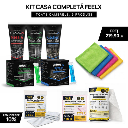 Kitul Casa Completă FeelX cu 9 produse pentru toate camerele: geluri, cutie de plicuri, lavete colorate din microfibră și lavete structurate