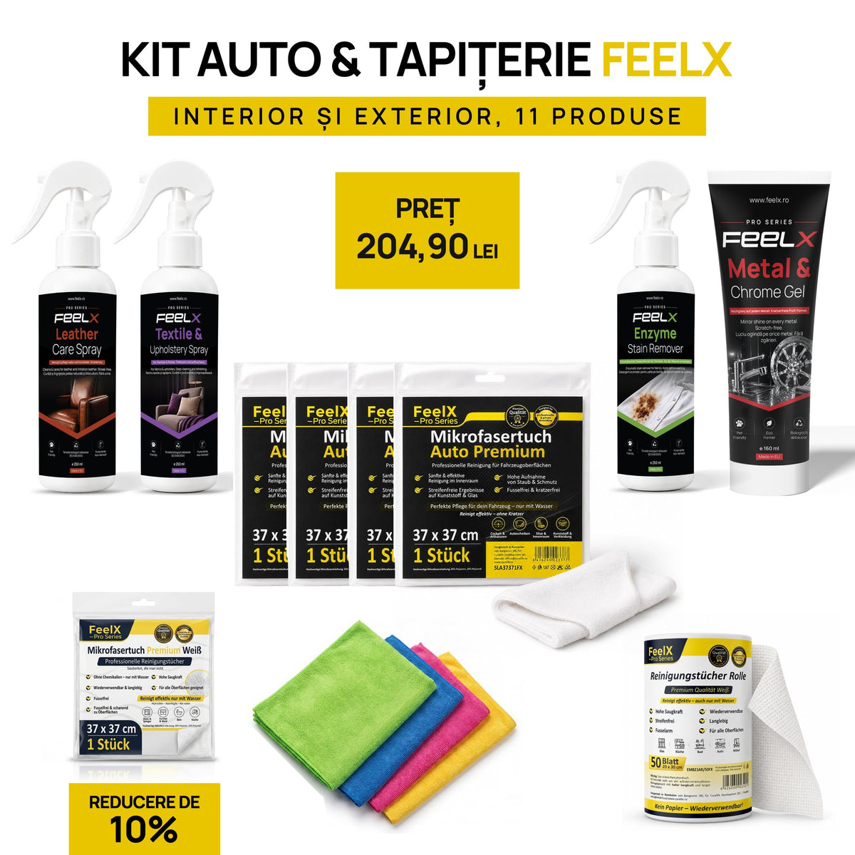 Kit auto & tapițerie FeelX – interior și exterior, 11 produse