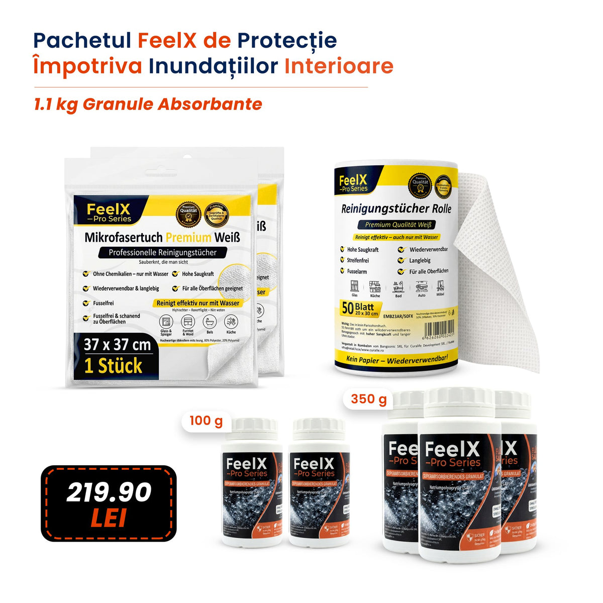 Pachet FeelX împotriva inundațiilor interioare – 1,25 kg granule absorbante