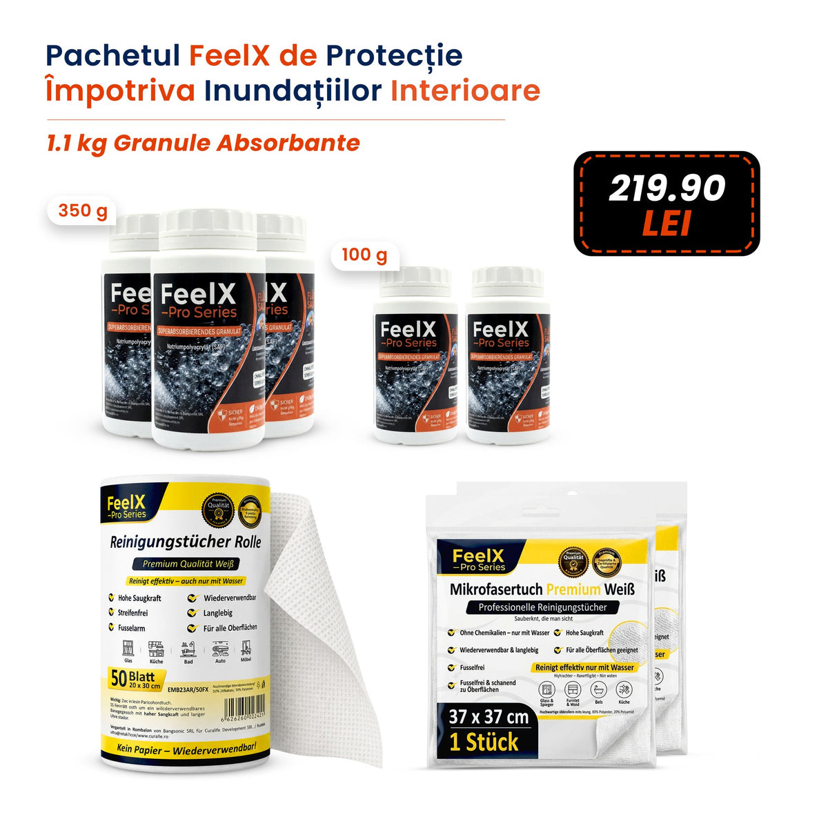 Pachet FeelX împotriva inundațiilor interioare – 1,25 kg granule absorbante